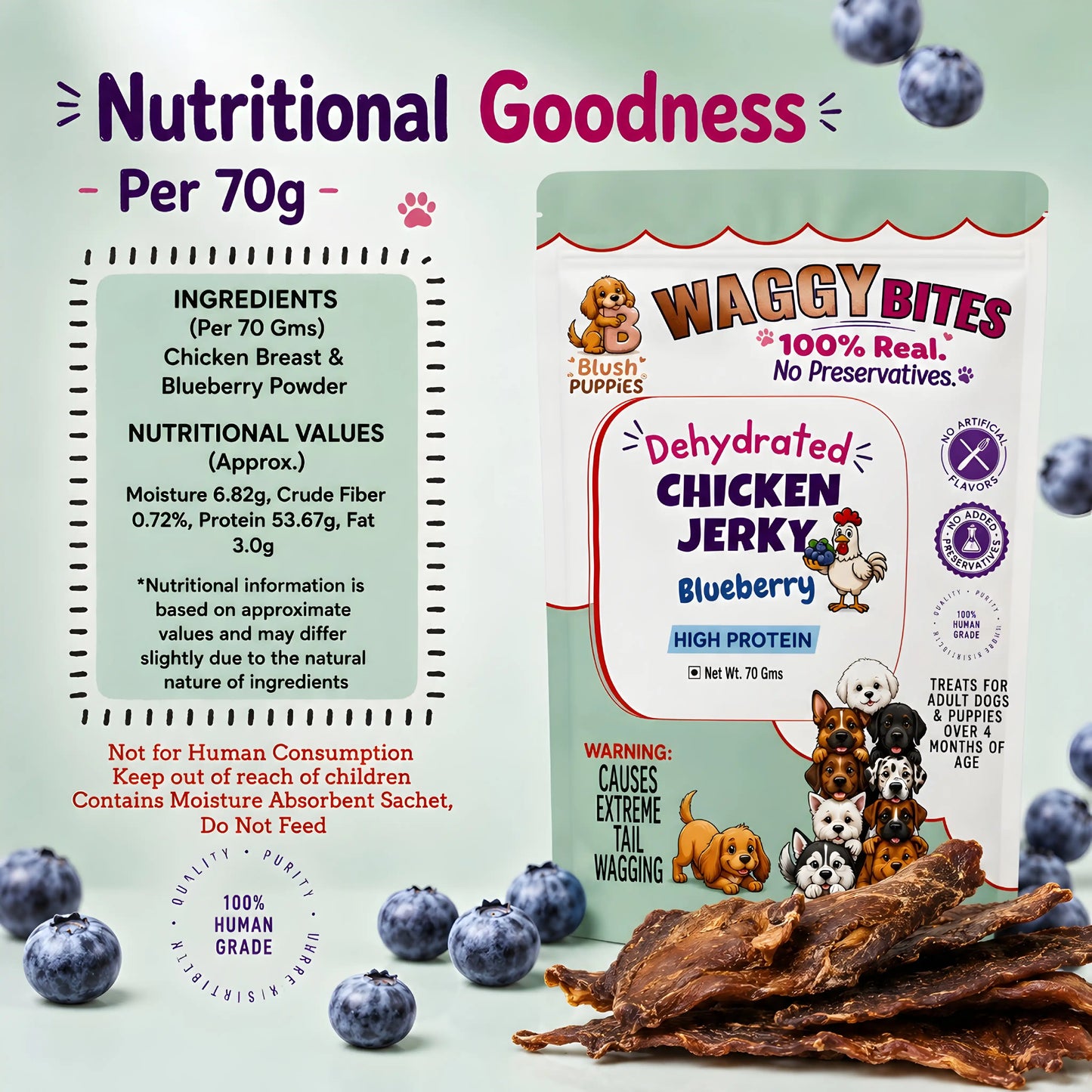 WAGGY Bites Dehydrated Chicken Jerky (Blueberry)